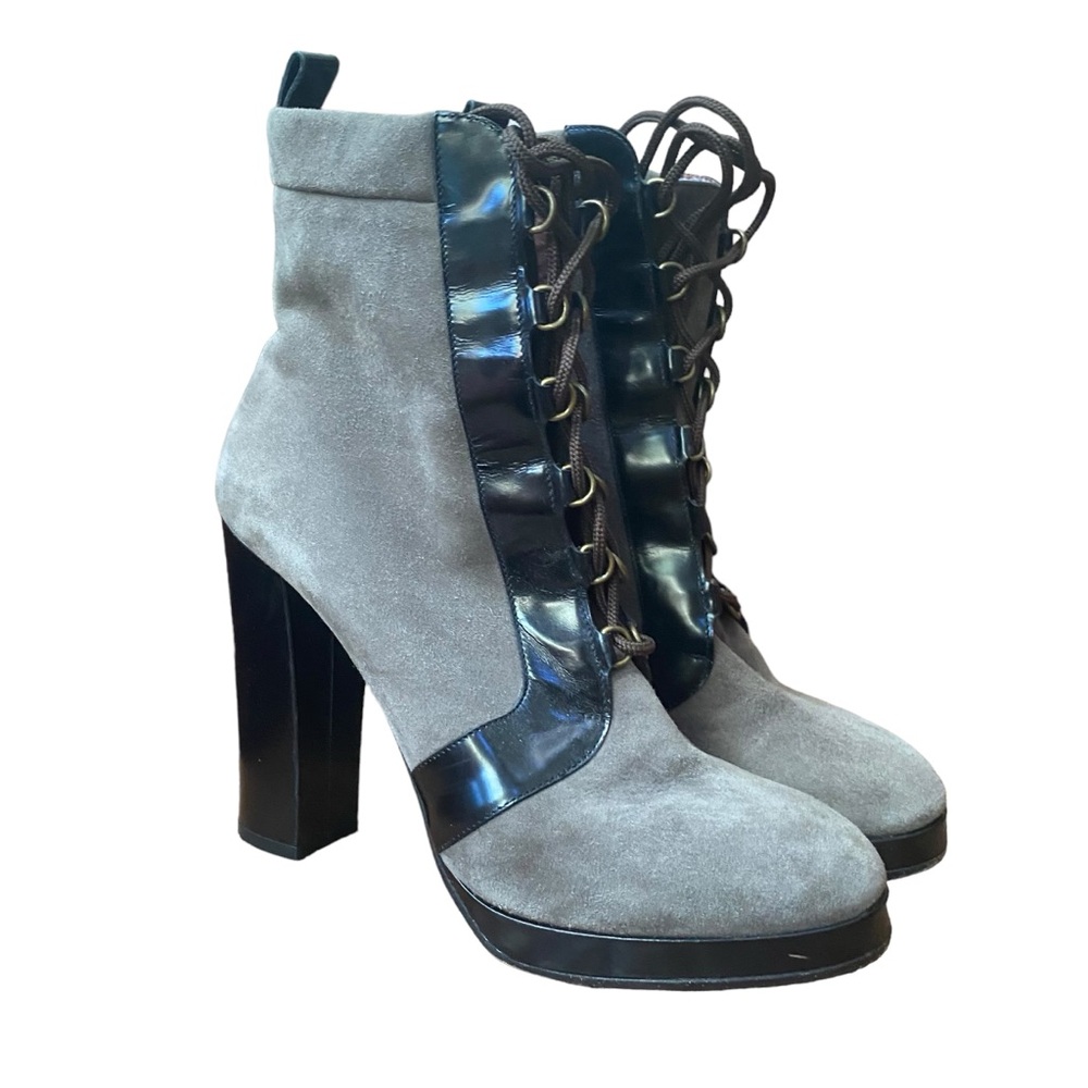 Marc Jacobs 39.5 Gray Black Suede High Heel Lace Up Ankle Boots Booties 9 - 9.5